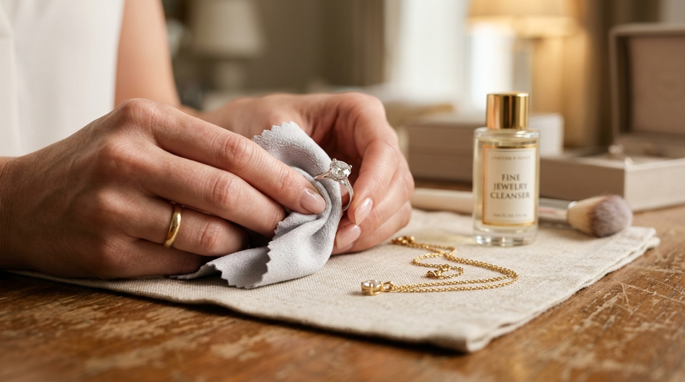Polishing a solitaire diamond ring with a soft microfiber cloth and fine cleanser